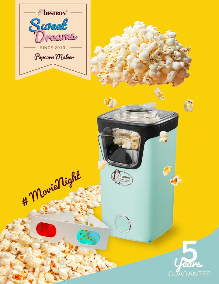 Bestron Popcornmaker, Turbo-Popcorn in unter 2 Minuten, Popcornmaschine mit Heisslufttechnologie, in