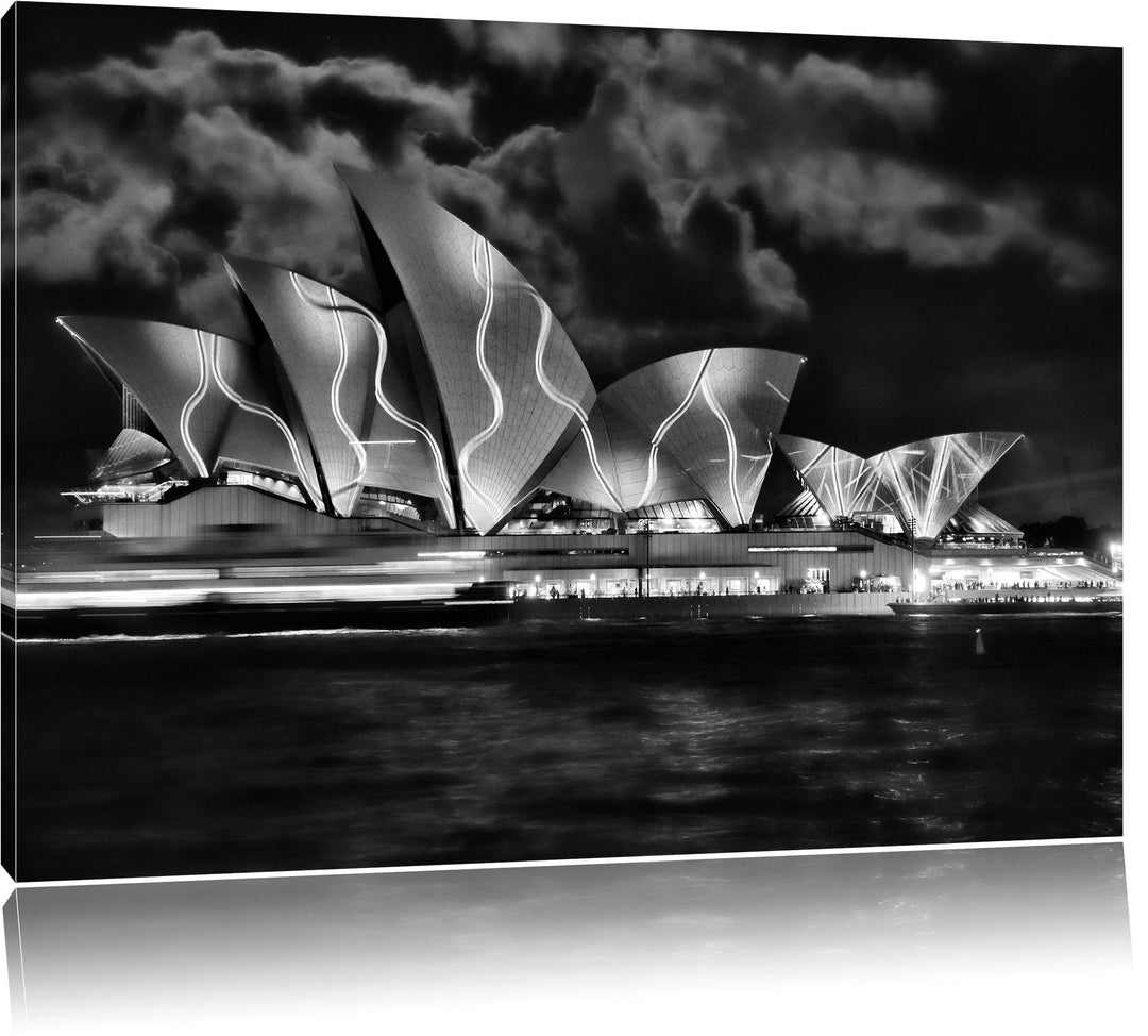 Pixxprint Monocrome, Sydney Opera House grüne Beleuchtung, Format: 100x70 auf Leinwand, 100x70