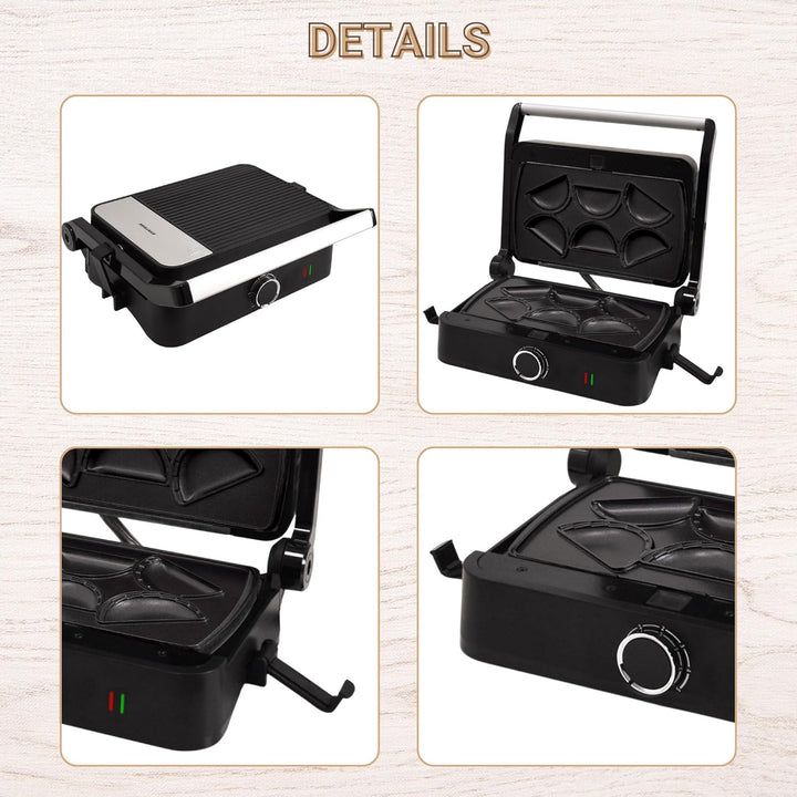 Syntrox Mini Empanada Kombigerät Multifunktionsmaker mit Wechselplatten, Kontaktgrill Edelstahl, Mul