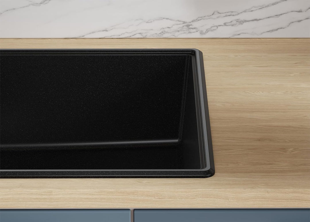 Granitspüle Schwarz 78x50 cm, Spülbecken + Ablauf-Set + Küchenarmatur 9050, Küchenspüle für 45er Unt
