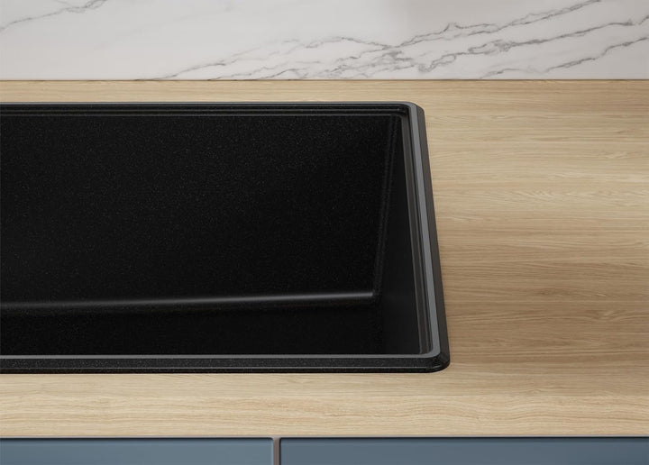 Granitspüle Schwarz 78x50 cm, Spülbecken + Ablauf-Set + Küchenarmatur 9050, Küchenspüle für 45er Unt