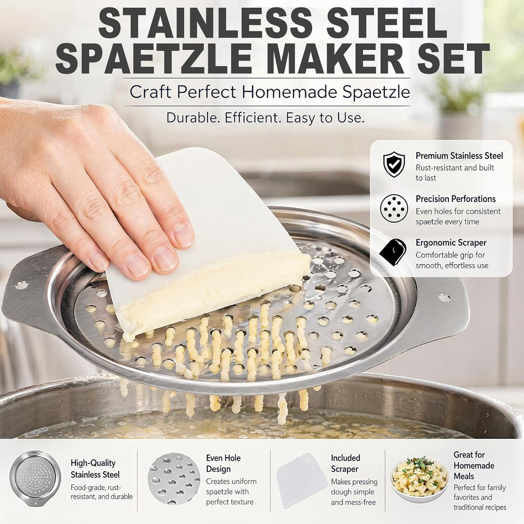 Spätzlepresse Edelstahl, Spätzlereibe und Spätzlehobel Topfaufsatz für 24–28 cm Töpfe mit Schaber, S
