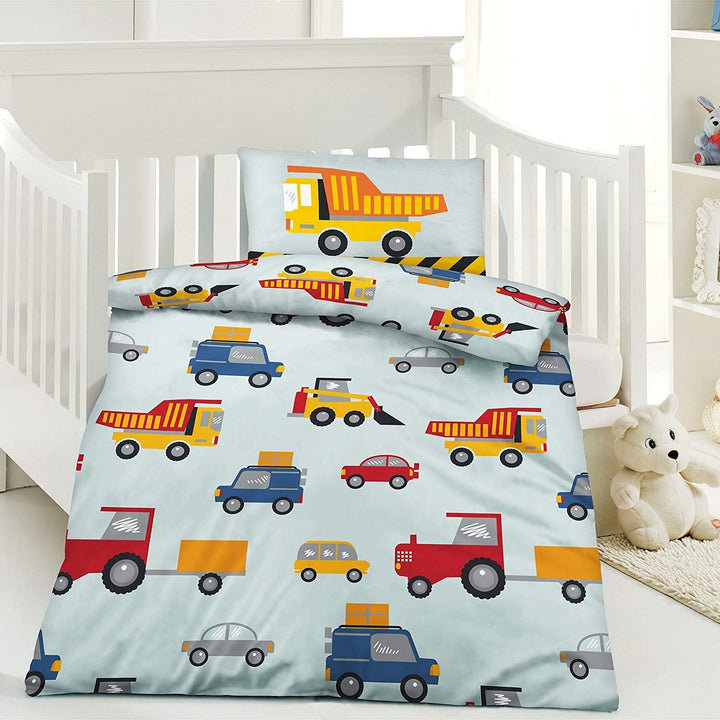 3 tlg. Baby Bettwäsche Wende Motiv: Baustelle Fahrzeuge - Microfaser 100x135 cm + 40x60 cm + 1 Spann