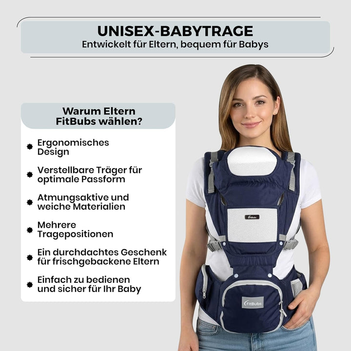 Babytrage für Neugeborene ab Geburt, 2-in-1 Babytrage mit Hüftsitz, Geeignet für 3–36 Monate, 3–20 k