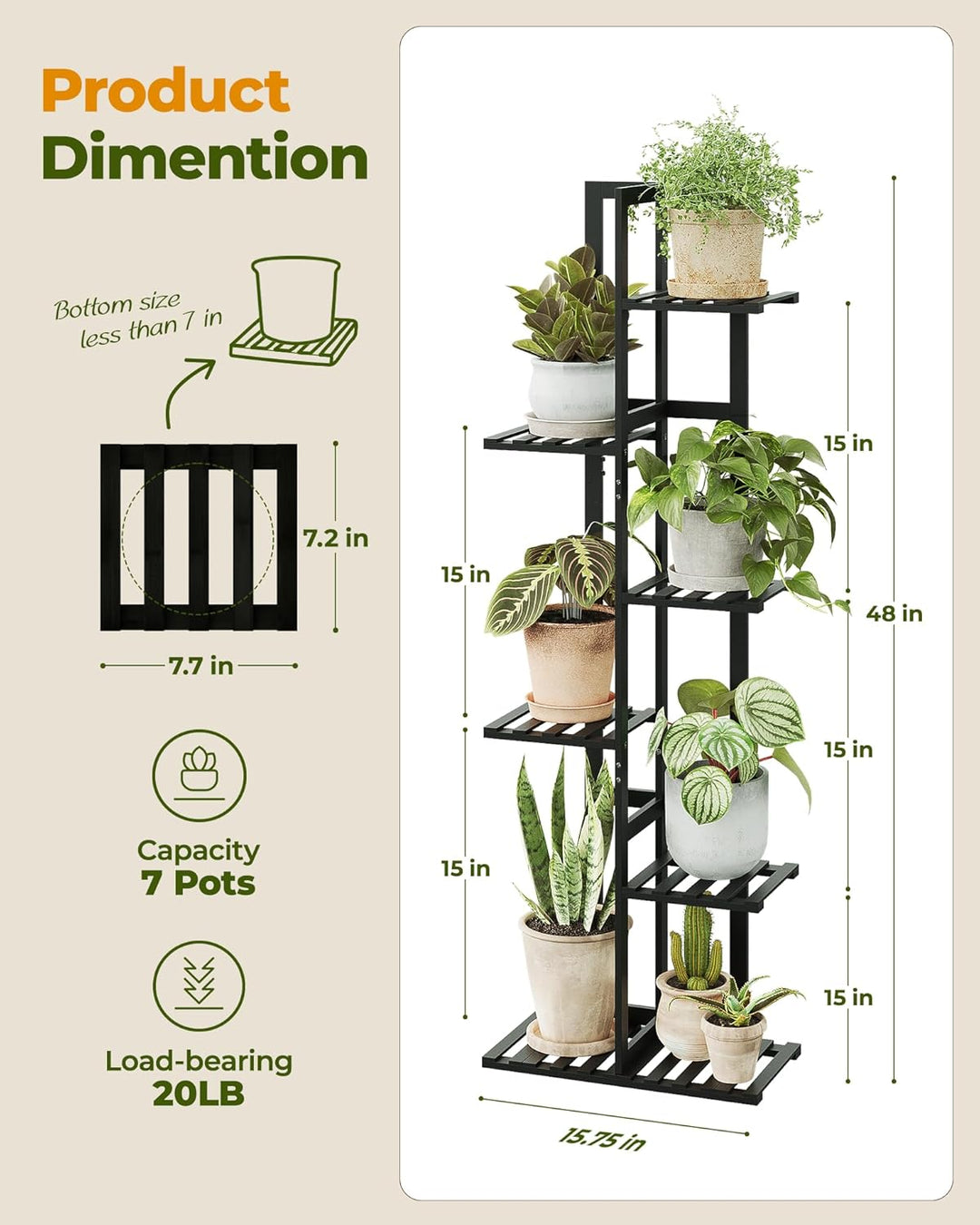 Bamworld Pflanzenregal 6 Ebenen Blumenständer Innen Schwarz aus Bambus, Grosses Blumentopf Ständer E