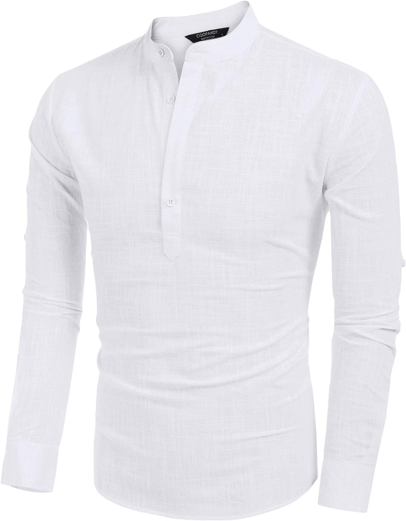 COOFANDY Hemd Herren Langarm Leinenhemd Baumwolle Henley Shirt Casual Regular Fit Sommerhemd S Weiss