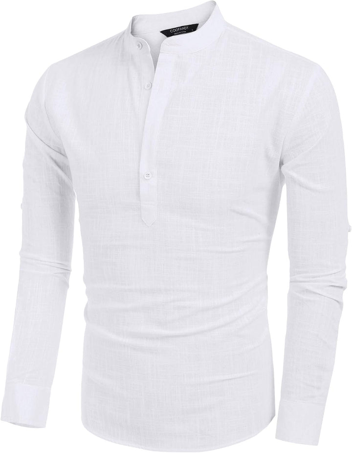 COOFANDY Herren Hemd Langarm Henley Shirt Leinenhemd Baumwolle Casual Regular Fit Sommerhemd Weiss M