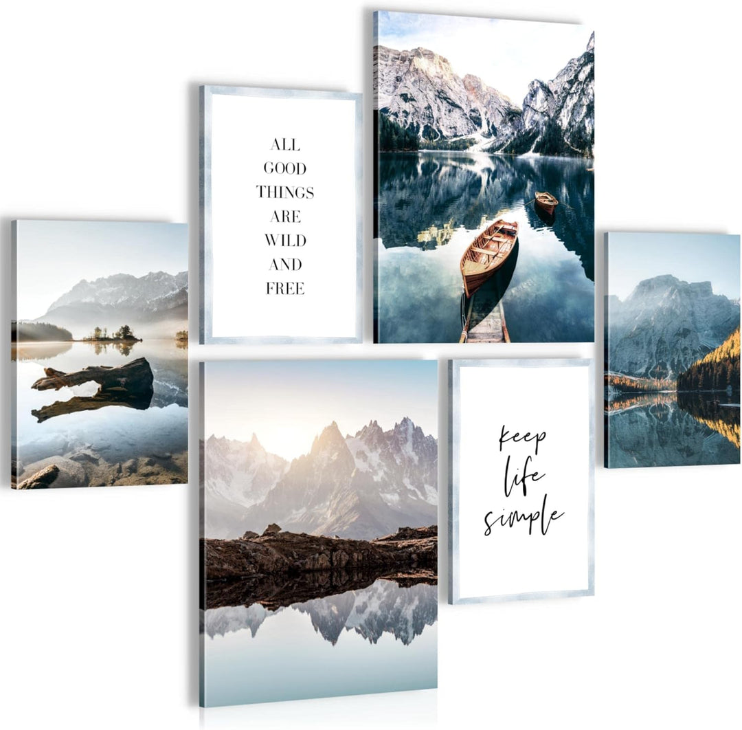 Novart Bilder Set - AUFHÄNGFERTIG - KEIN EXTRA RAHMEN BENÖTIGT - See Berge blau Modern Natur - Wohnz