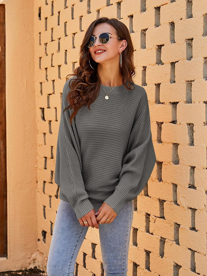 Fessceruna Damen Pullover Oversize Fledermausärmel Strickpullover Winter Rundhals Pulli Geripptes Sw