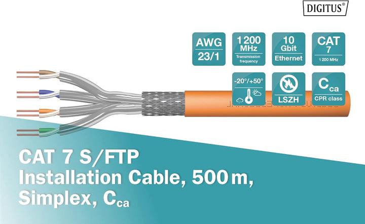 DIGITUS 500 m Cat 7 Netzwerkkabel - S-FTP (PiMF) Simplex - BauPVO Cca - LSZH Halogenfrei - 1200 MHz