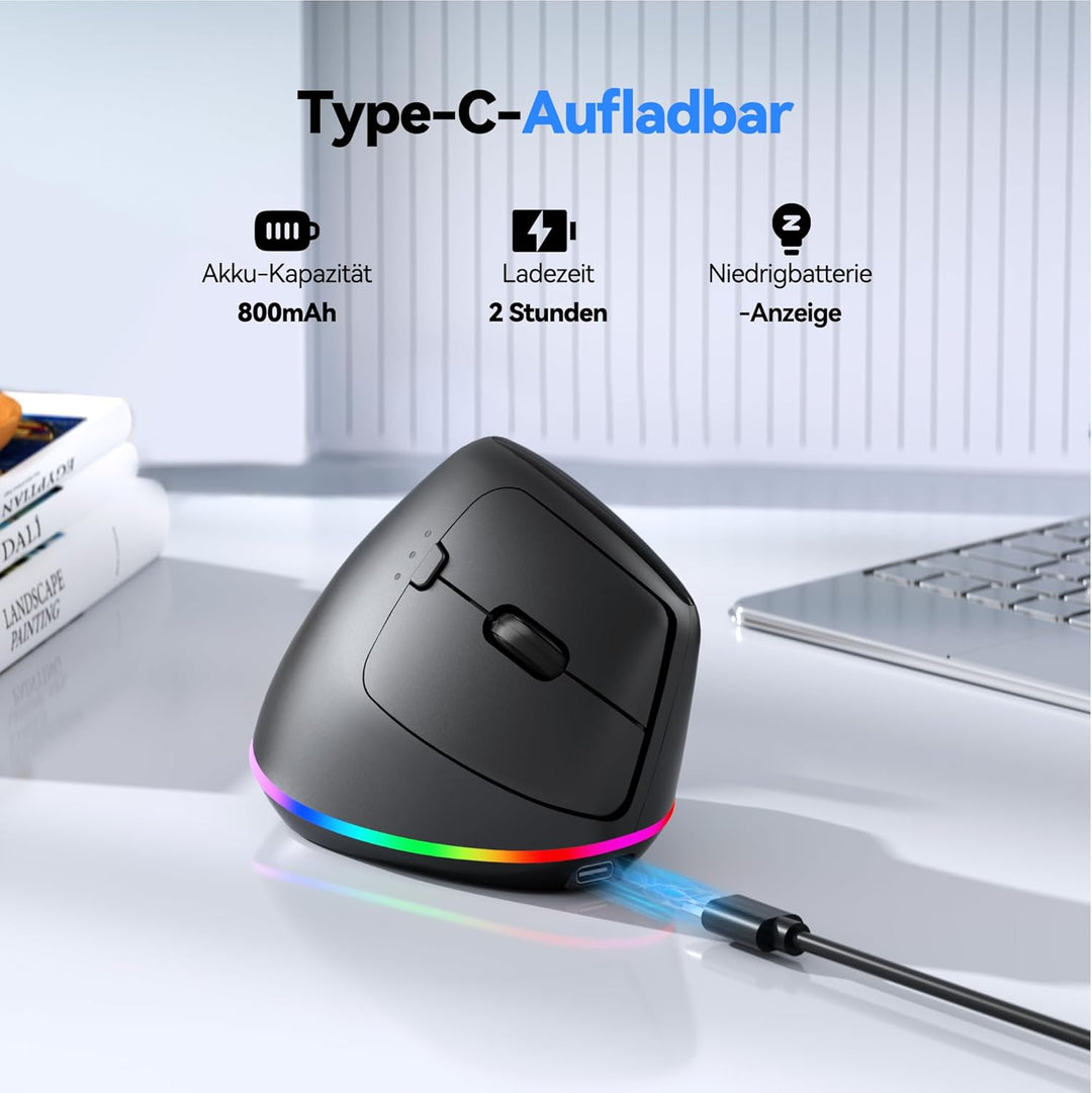 TECKNET Vertikale Ergonomische Kabellos Maus, 2,4 GHz + Bluetooth, Wiederaufladbar Maus mit 4800 DPI