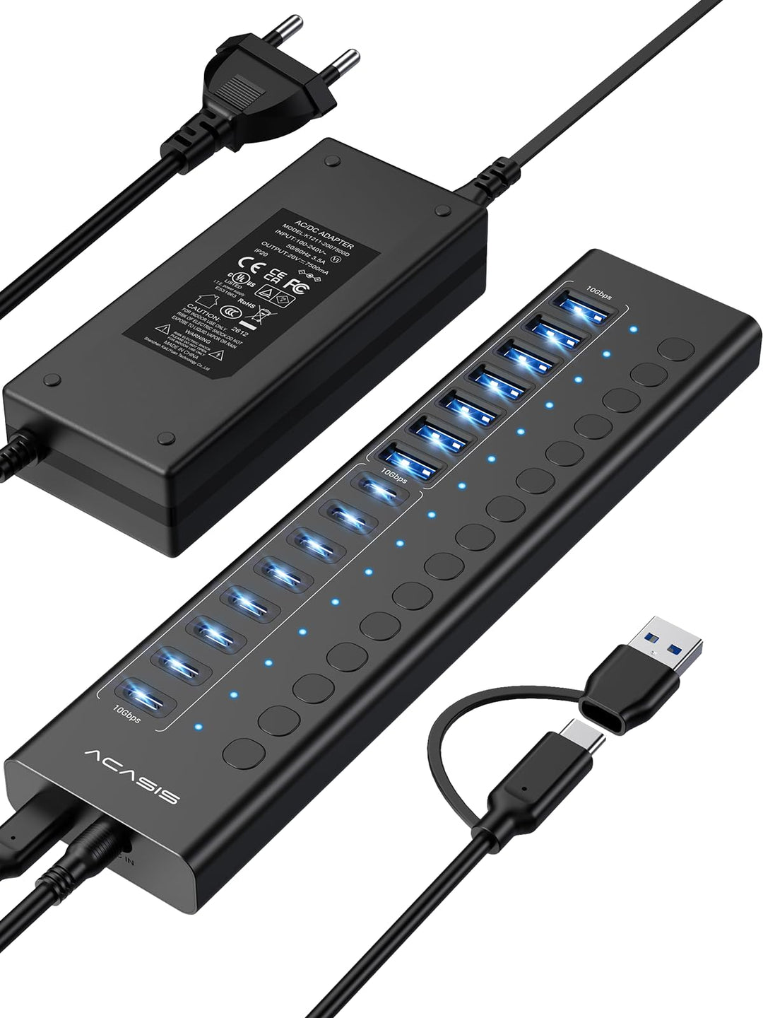 ACASIS HB16PRO USB 3.2 Hub mit 16 Anschlüssen (8 USB-A 3.2 + 8 USB-C-3.2), Aluminium USB-Hub, angetr