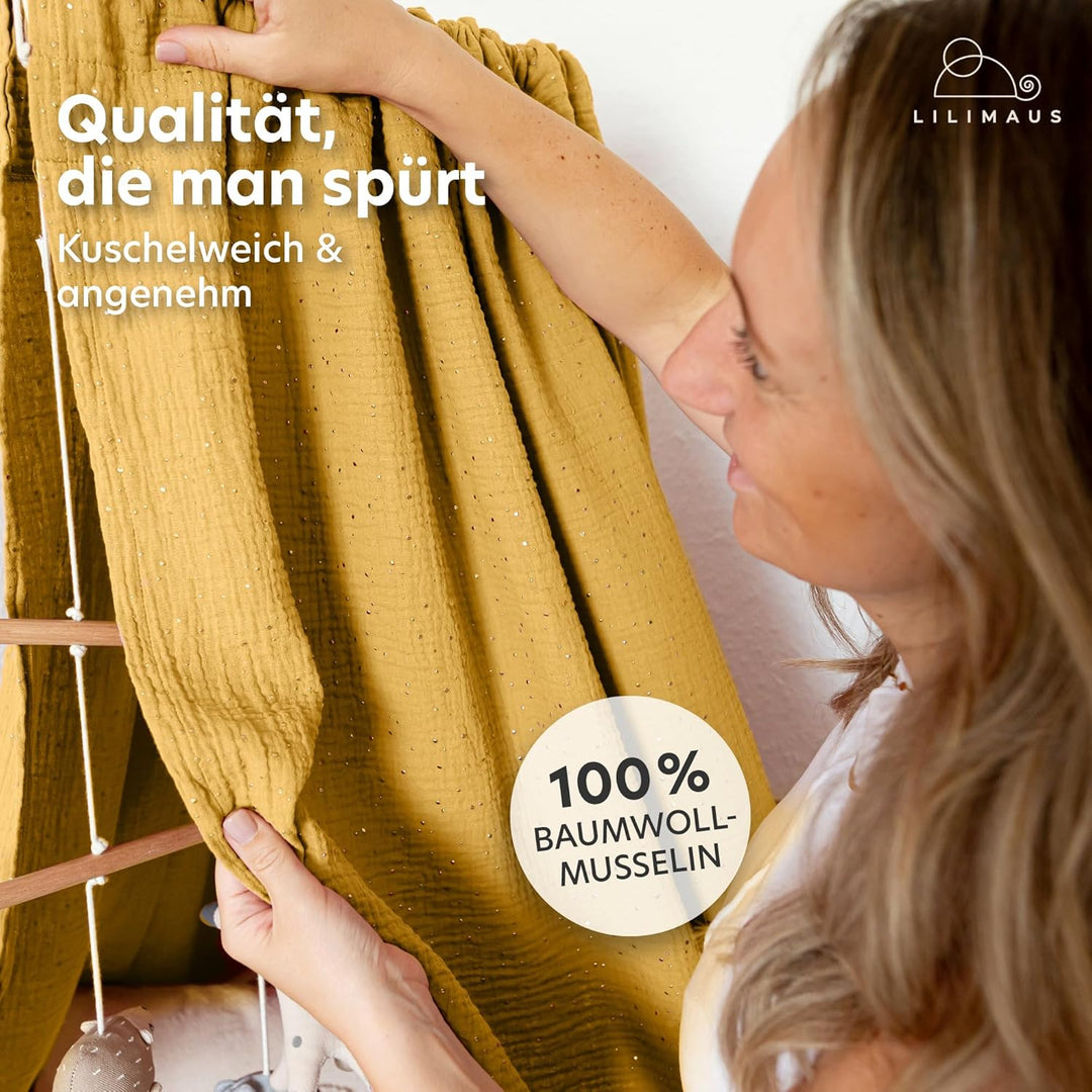 Betthimmel Babybett mit Goldapplikationen [in 12 Farben] Himmel Babybett aus 100% Baumwolle Musselin