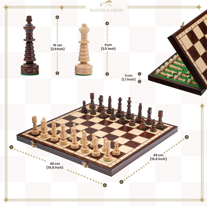 Master of Chess Gentleman 48 x 48 x 3 cm Grosses Holzschach für Erwachsene und für Kinder Handgefert
