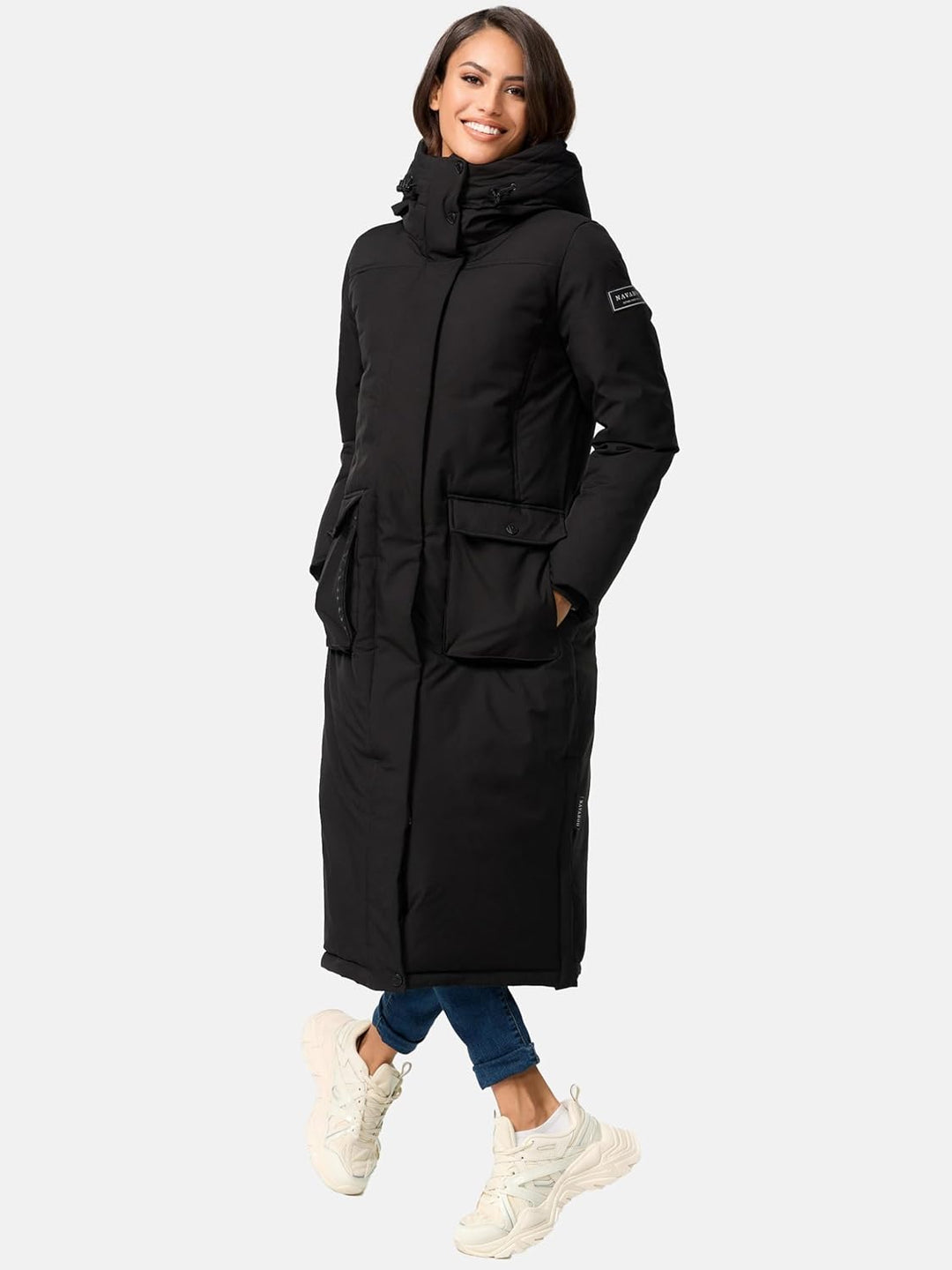 Navahoo Damen Wintermantel Warmer Mantel extralang mit Kapuze Wolkenfrost XIV XS-XXL XL Schwarz, XL