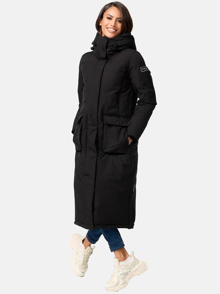 Navahoo Damen Wintermantel Warmer Mantel extralang mit Kapuze Wolkenfrost XIV XS-XXL XL Schwarz, XL