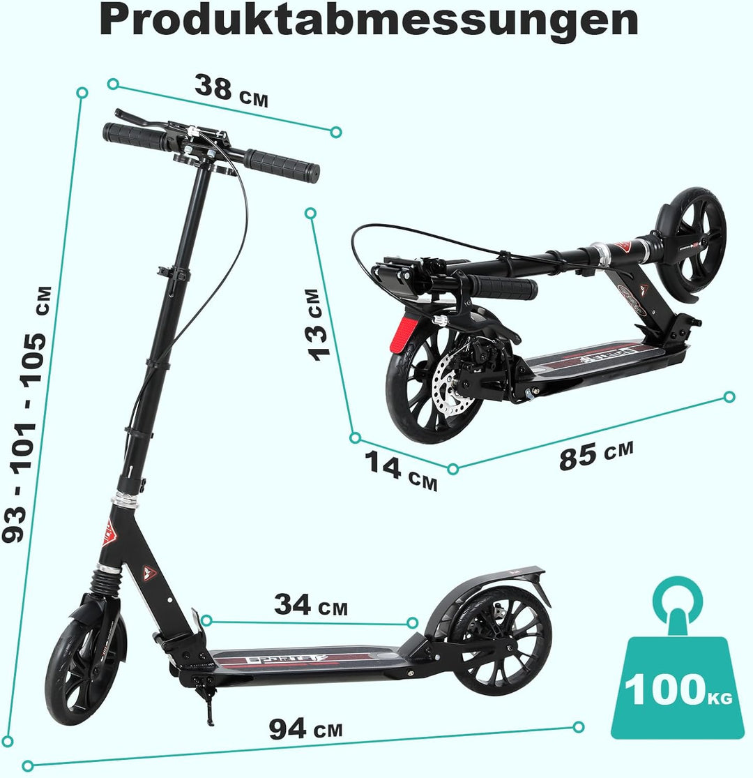 ISE Big Wheel Scooter Tretroller 200mm Roller Cityroller Klappbarer Scooter mit 2 Räder,Handbremse f