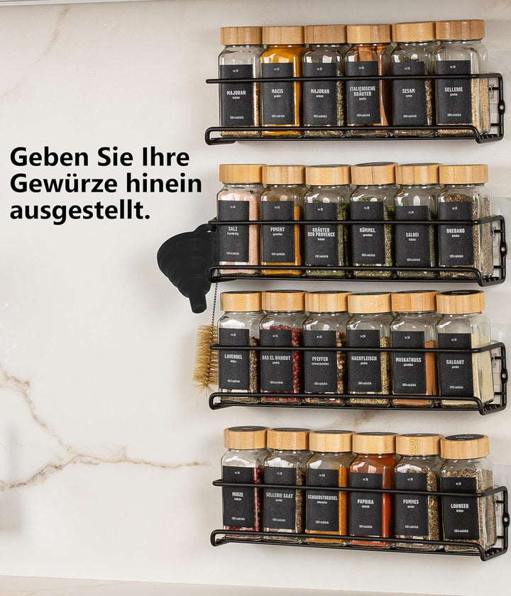 Deco haus® Gewürzregal Wand ohne Bohren [MIT 24 GEWÜRZGLÄSER & ETIKETTEN] - Gewürzregal Hängend 4er