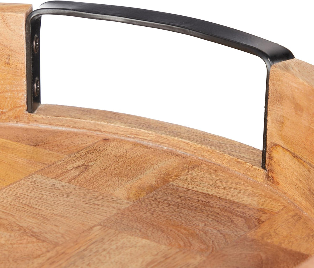 Relaxdays Tablett, rundes Serviertablett, Mangoholz, HxD: 7,5 x 35 cm, Holztablett mit Griffen, Deko