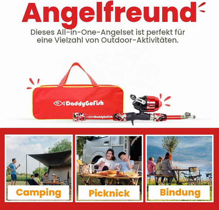 DaddyGoFish Kinder Angelset - Teleskoprute &amp; Rolle Combo mit Klappstuhl, Rutenhalter, Tackle Box, Kö