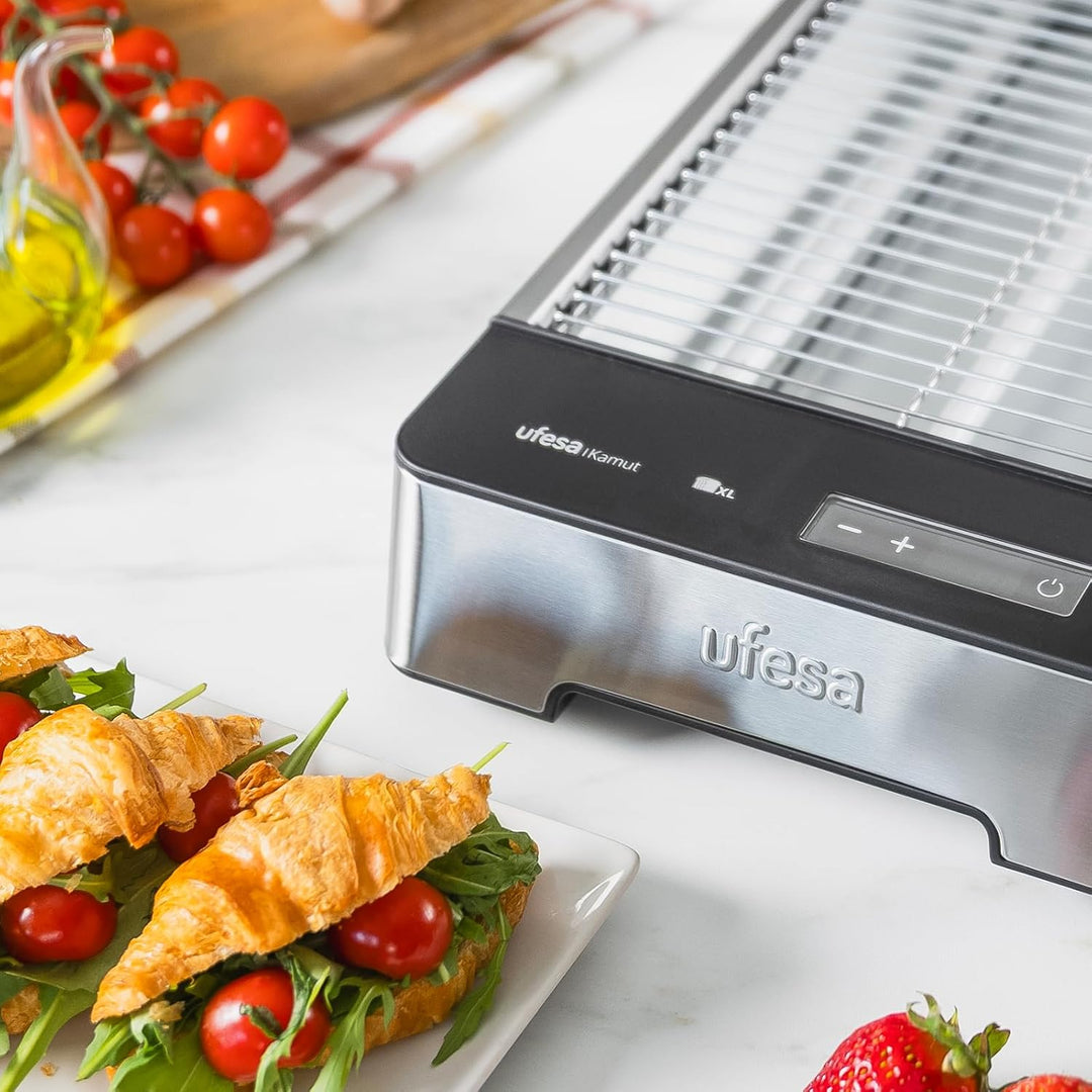 Ufesa Flachtoaster Kamut, 1000W mit 3 Quarz-Heizelementen, Horizontaler Toaster aus Edelstahl, XL-Gr