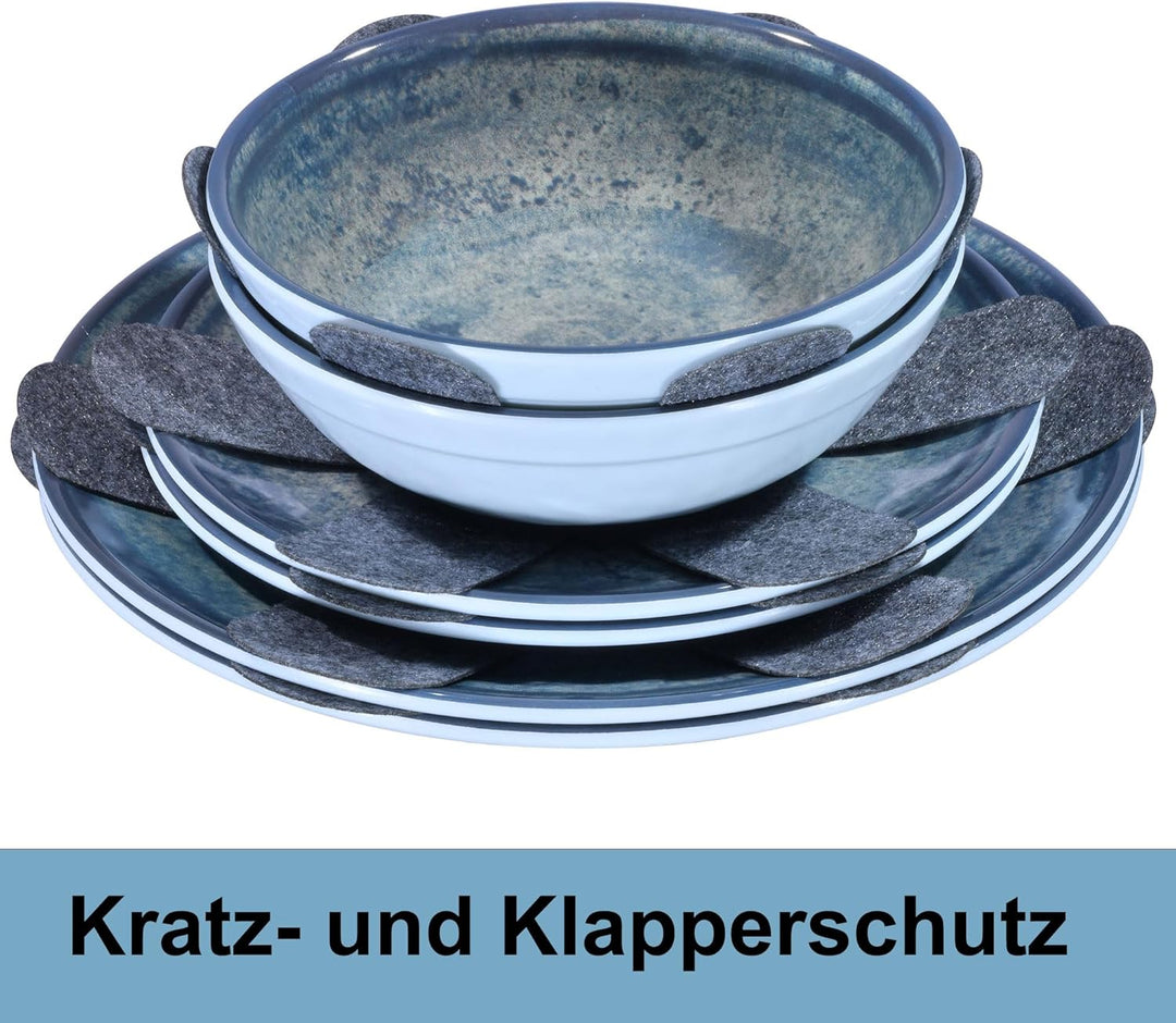 Melamin Geschirr Set Mondgranit Blau-Grau für 6 Personen Camping Picknick 24 Teile - mit Tassen, 24