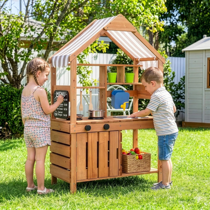 OOOK Outdoor Spielküche, Grosse Matschküche Outdoor aus Holz, Gartenspielküche mit Gartenspüle, Töpf