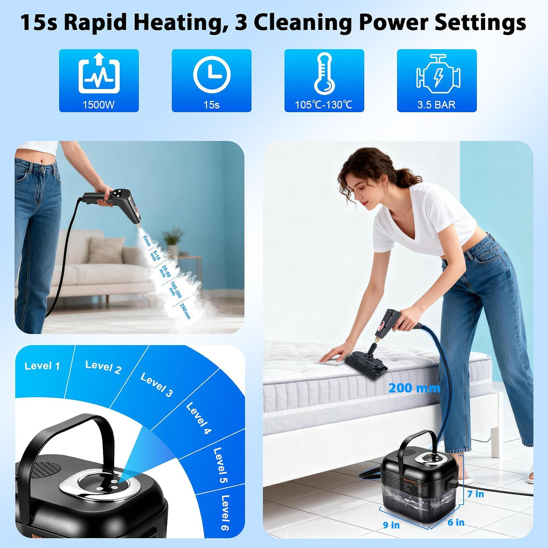 RUIZHI 6-Stufig Dampfreiniger Handgerät mit 12 Zubehör, Steam Cleaner Handheld 1700ML Tank, 1500W Me