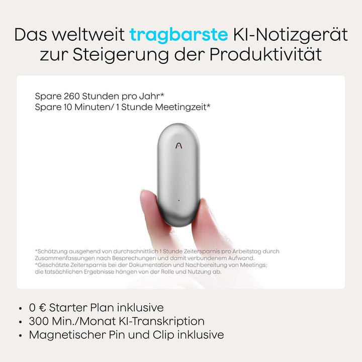 Plaud NotePin Sprachrekorder, KI-Sprachrekorder, App-Steuerung, KI-Notizgerät, KI-Transkription & Zu