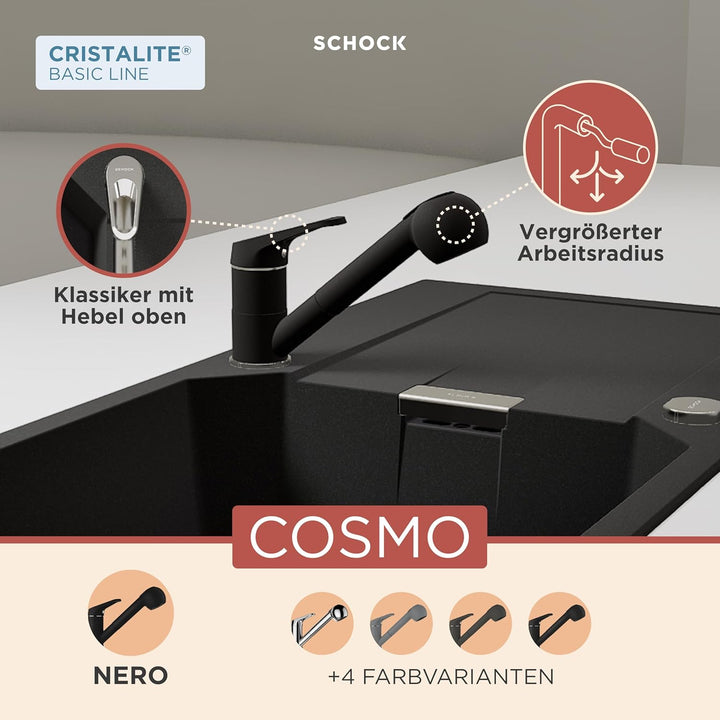 Schock 525122GNE Küchenarmatur Cosmo Nero – Schwarze Hochdruck Armatur mit ausziehbarer Schlauchbrau