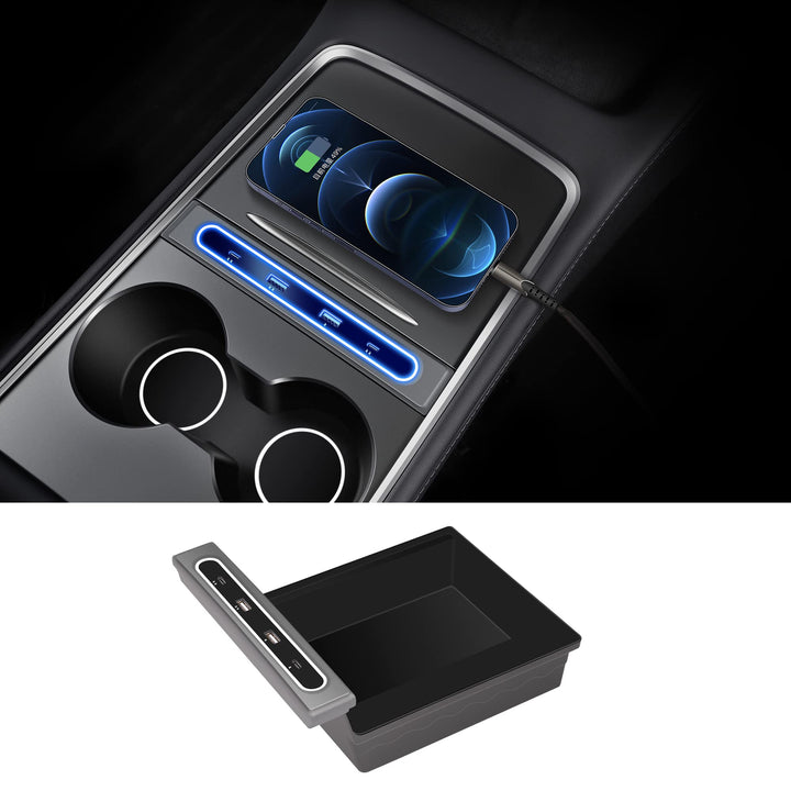 TOPABYTE Tesla USB LED Hub mit Mittelkonsole Organizer Tray für Model 3 und Model Y 2019–2023 unters