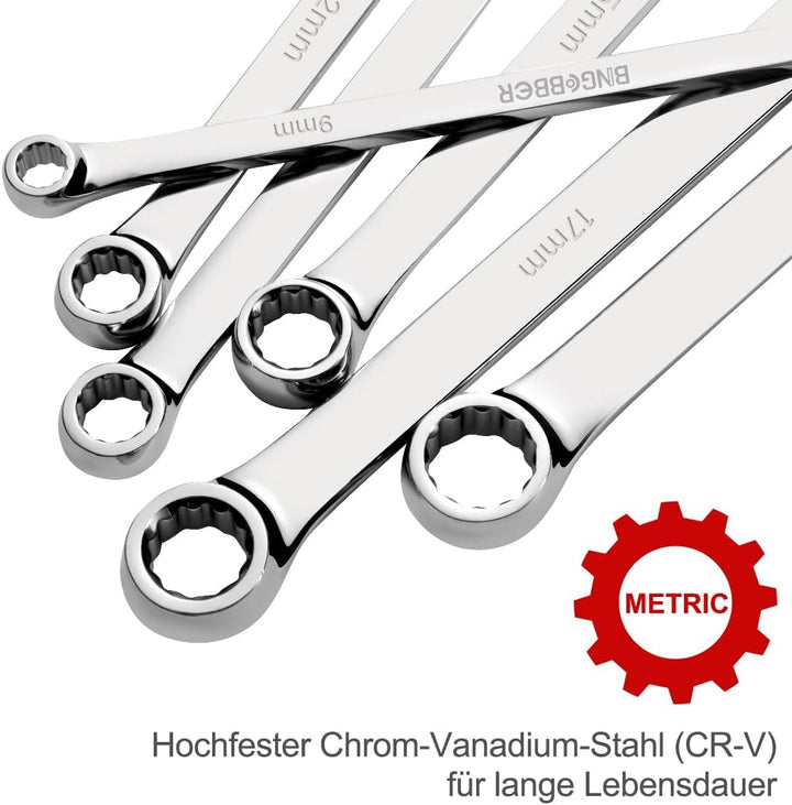 BINGCOBBER Doppel Ringschlüssel Satz,6-tlg Extra langer Schraubenschlüssel, CV-Stahl 8mm-19mm