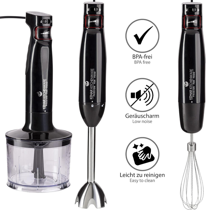KeMar Stabmixer (1.000 Watt, Schwarz) Titan Klinge & Aufbewahrungsständer, Handstabmixer, Pürierstab