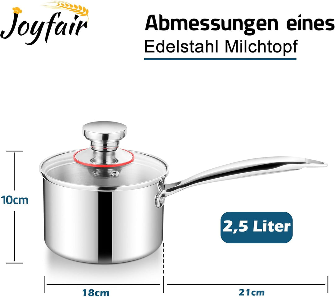 Joyfair Stielkasserolle, 18cm Premium 3-Lagiger Edelstahl Milchtopf Induktion mit Deckel, 2,5 Liter