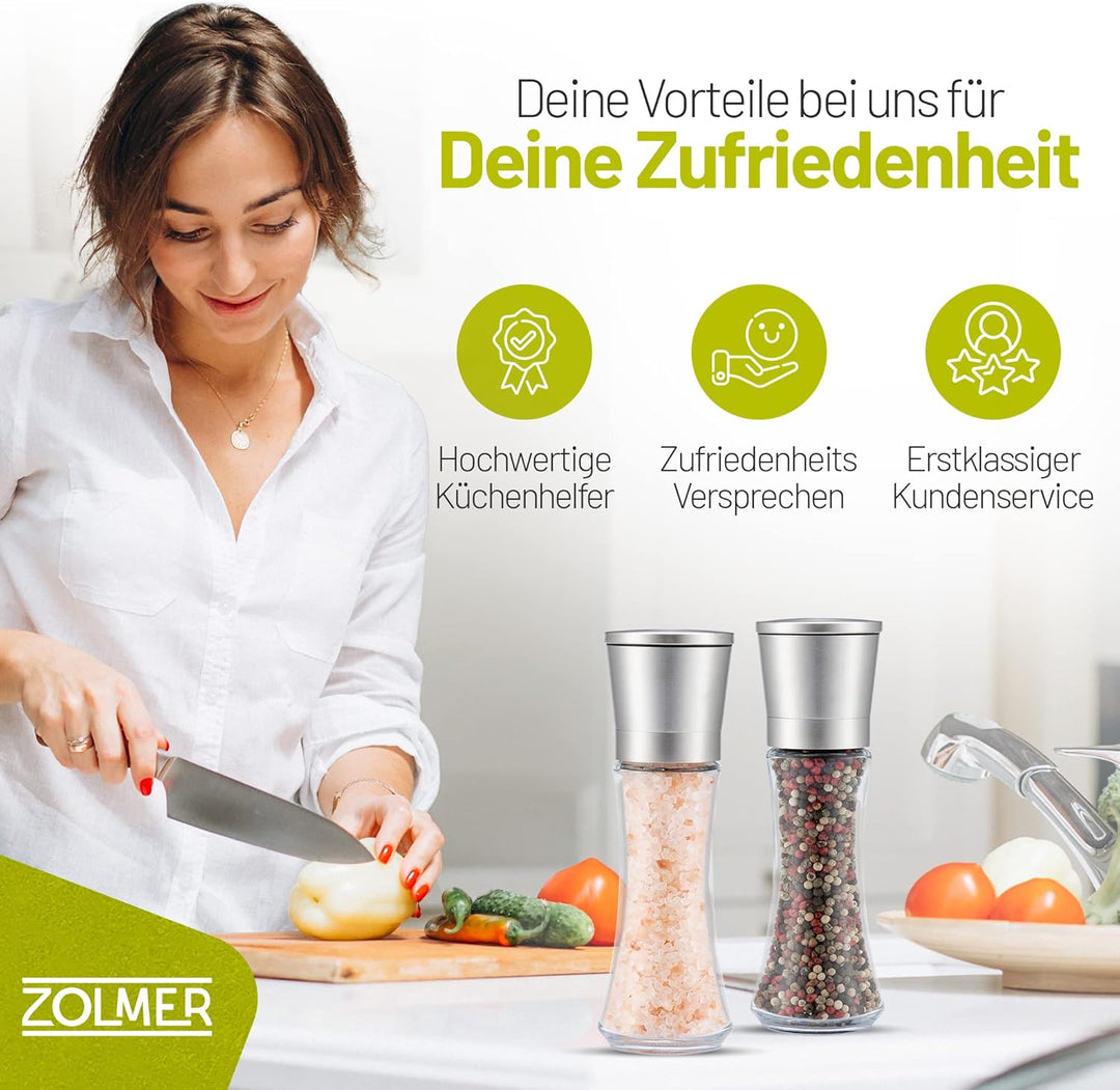 ZOLMER® Gewürzmühle 2er Set mit Verstellbarem Keramikmahlwerk - Edle Salzmühle & Pfeffermühle aus Ho