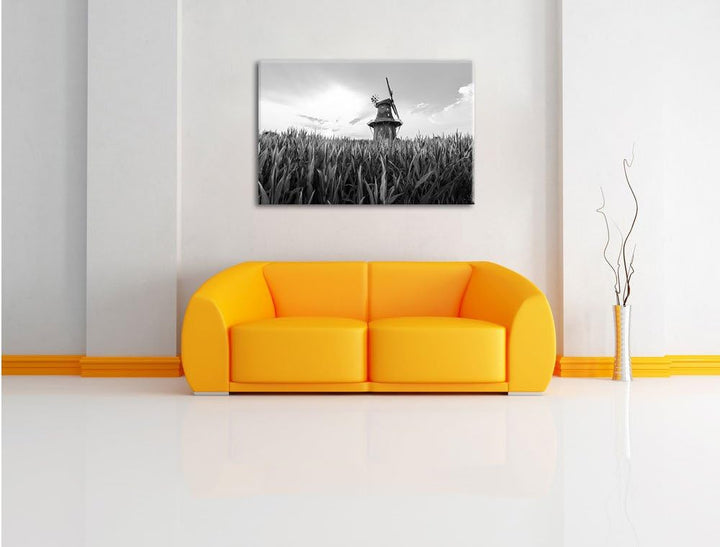 Pixxprint Windmühle auf dem Feld / 100x70cm Leinwandbild bespannt auf Holzrahmen/Wandbild Kunstdruck