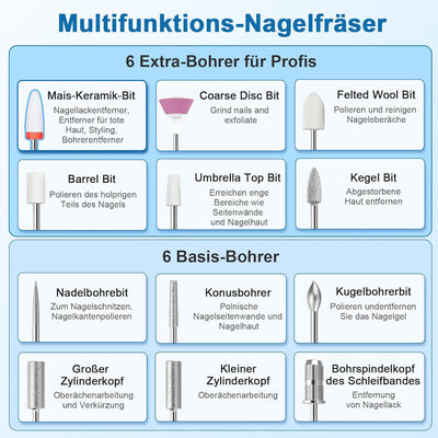 Akku Nagelfräser Kabellos, Auriox 12 in 1 Profi Fräser für Gelnägel 25000 u/min, Elektrische Nagelfe