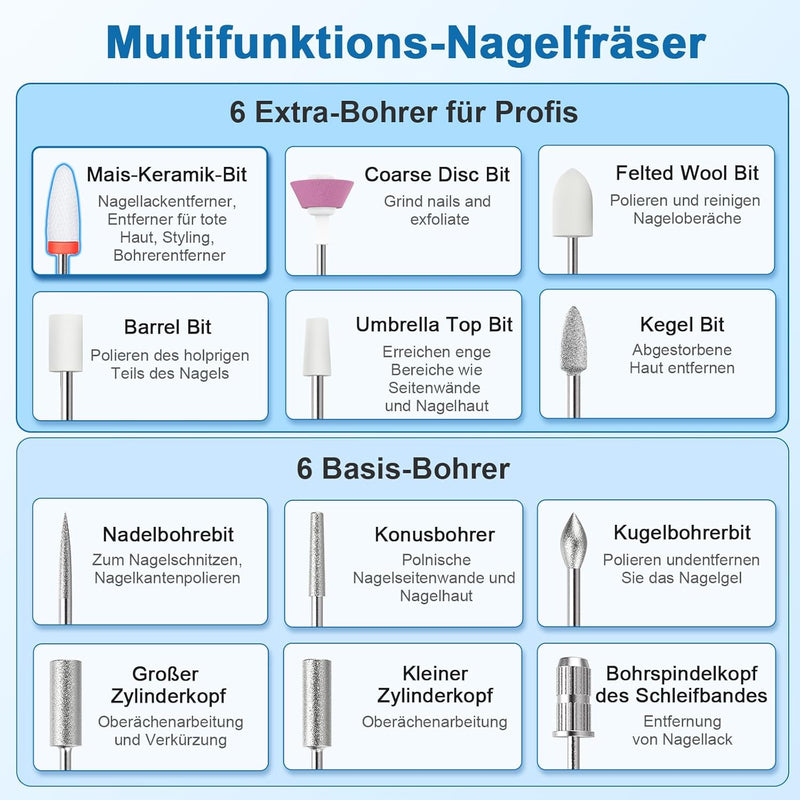 Akku Nagelfräser Kabellos, Auriox 12 in 1 Profi Fräser für Gelnägel 25000 u/min, Elektrische Nagelfe