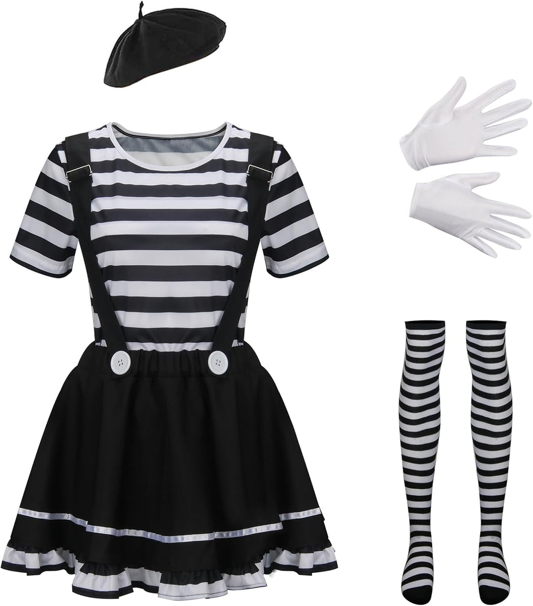 NUWIND Damen Pantomime Kostüm Französisch Klassisch Mime Spiel Set, schwarz-weiss gestreiftes Oberte
