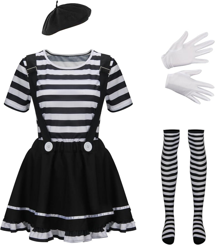 NUWIND Damen Pantomime Kostüm Französisch Klassisch Mime Spiel Set, schwarz-weiss gestreiftes Oberte