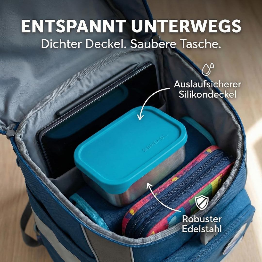 Edelstahl Brotdose, Feste Trennwand und 3 Fächer, Silikondeckel, Auslaufsicher, Spülmaschinengeeigne