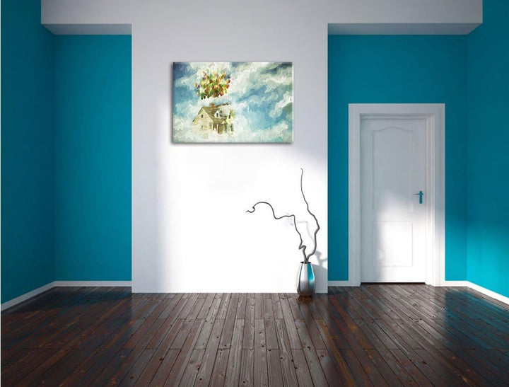 Pixxprint fliegendes Haus mit Luftballons als Leinwandbild/Grösse: 100x70 / Wandbild/Kunstdruck/fert