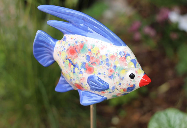 Gartenfigur Fisch aus Keramik Weiss-Blau Gartendeko Gartendekoration Teichdeko, Weiss-Blau