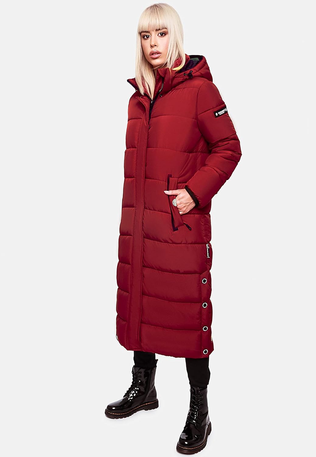 Navahoo Damen Wintermantel Warmer Steppmantel lang mit Abnehmbarer Kapuze Isalie XS-XXL M Dark Red,