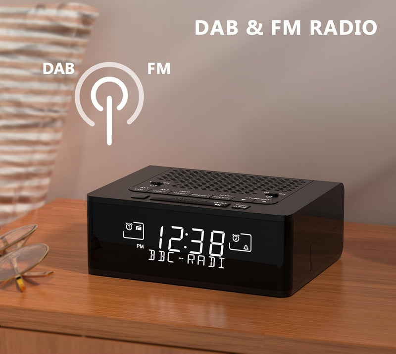 Radiowecker mit Bluetooth Lautsprecher, Digital-FM-Radio mit Schlummer Funktion, Dimmer Steuerung, H