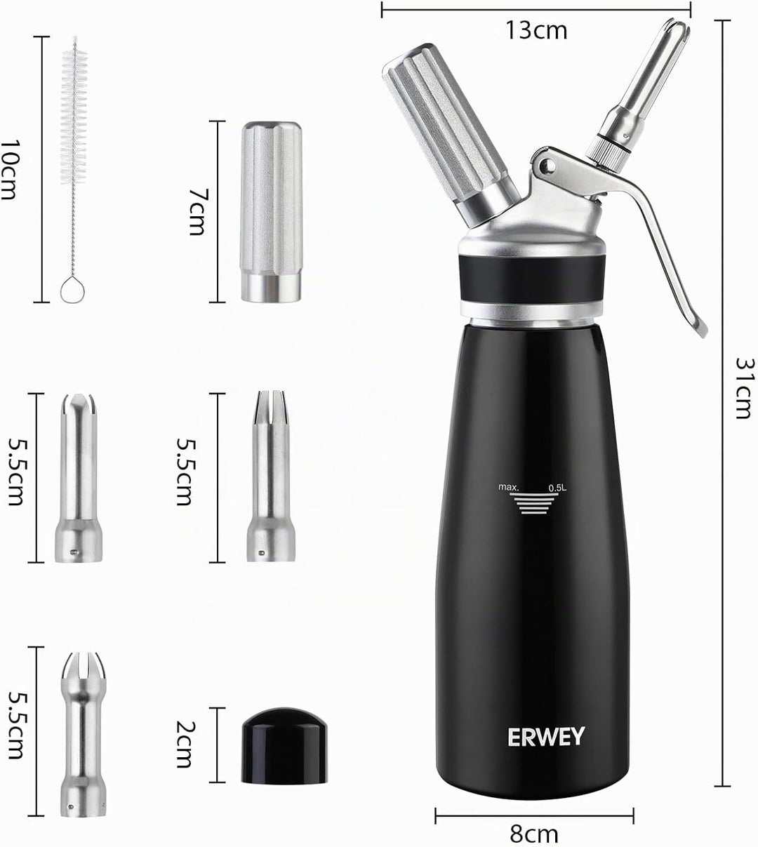 ERWEY Sahnespender 500ML, Sahnesyphon Edelstahl, Sahnesprüher Auslaufsicherer Einfach Reinigen mit 3