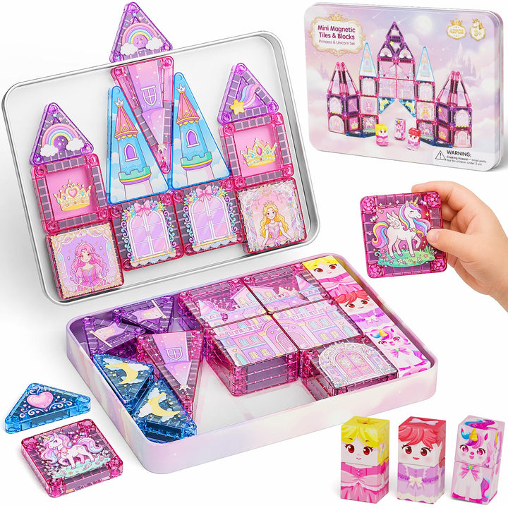 Magnetische Bausteine Reisespielzeug für Mädchen: 42pcs Prinzessin & Einhorn Tiles in Tragbarer Meta