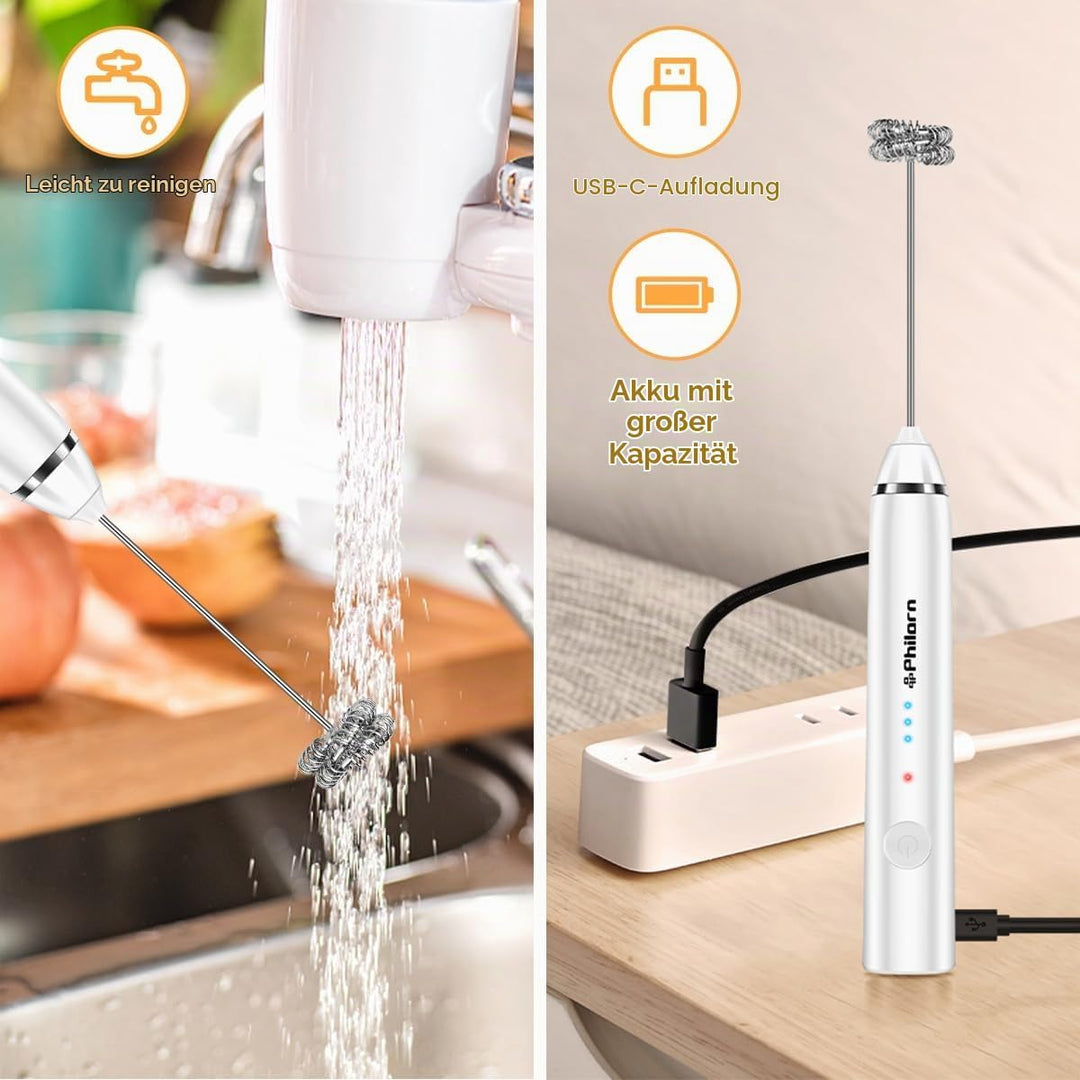 Philorn Milchaufschäumer Stab, Milchaufschäumer Elektrisch Stab Hand Held, 3-Gang USB-C Aufladbar Au
