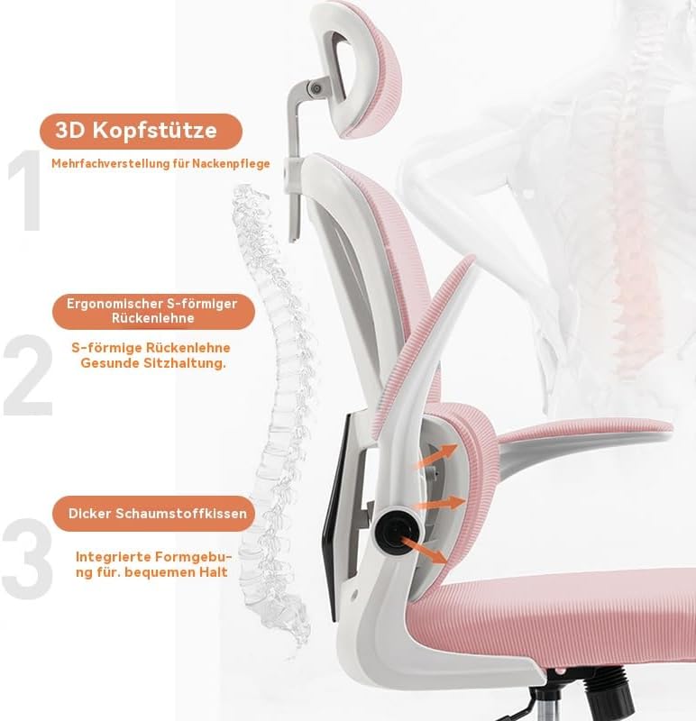 Ergonomischer Bürostuhl - Pink | Höhenverstellbarer Schreibtischstuhl mit Hochrücken,Mesh und Lenden