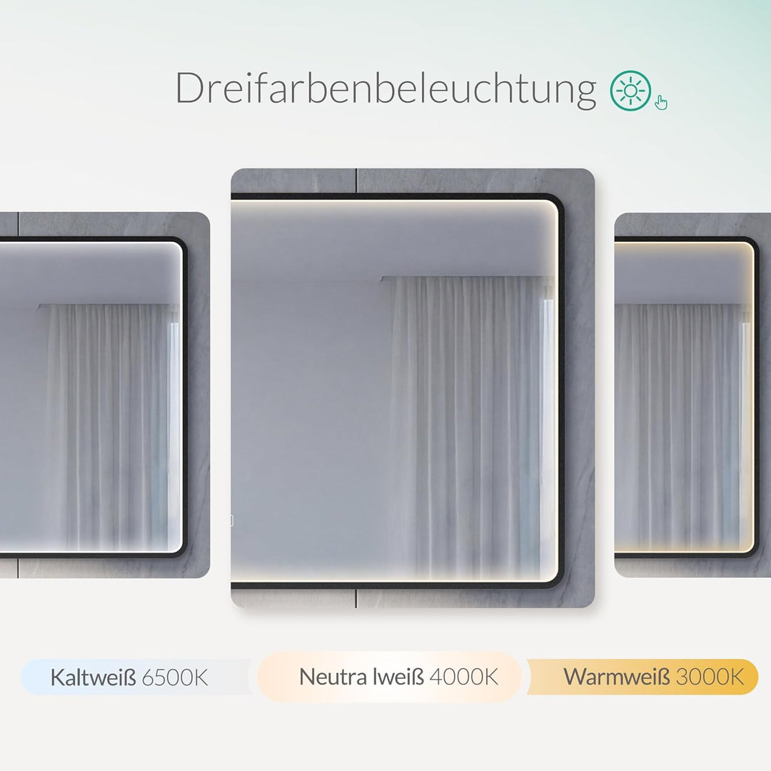 LED Badspiegel mit Aluminiumrahmen, 5mm Kupferfreier HD Silber-Spiegel, 3 Lichtfarben Dimmbar, Wands